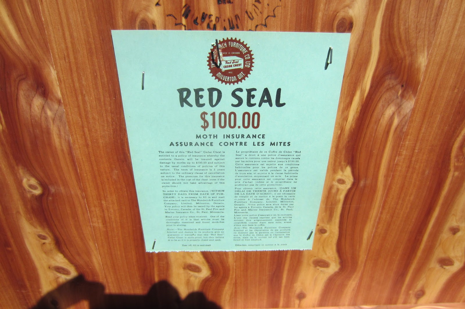 Toronto Trashures Honderich Furniture Company Red Seal Cedar lined Chest