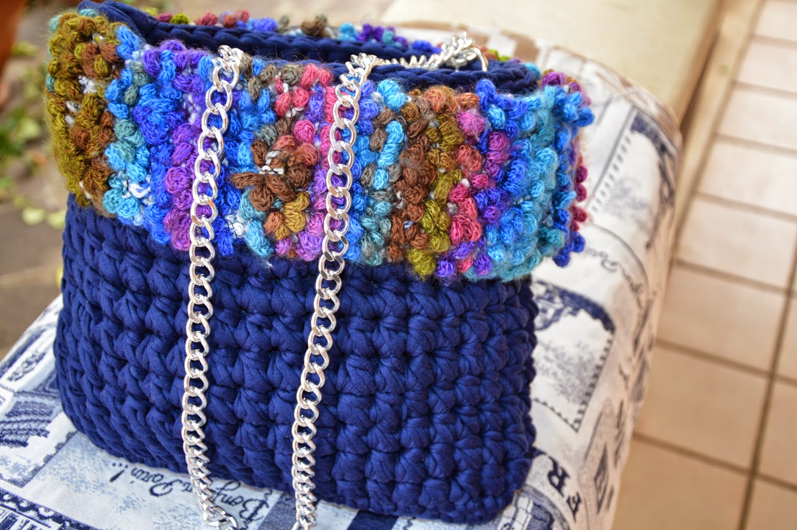 Borsa Caldo cotone blu e bordo lana Bouclé Borsa Caldo cotone blu e bordo lana Bouclé