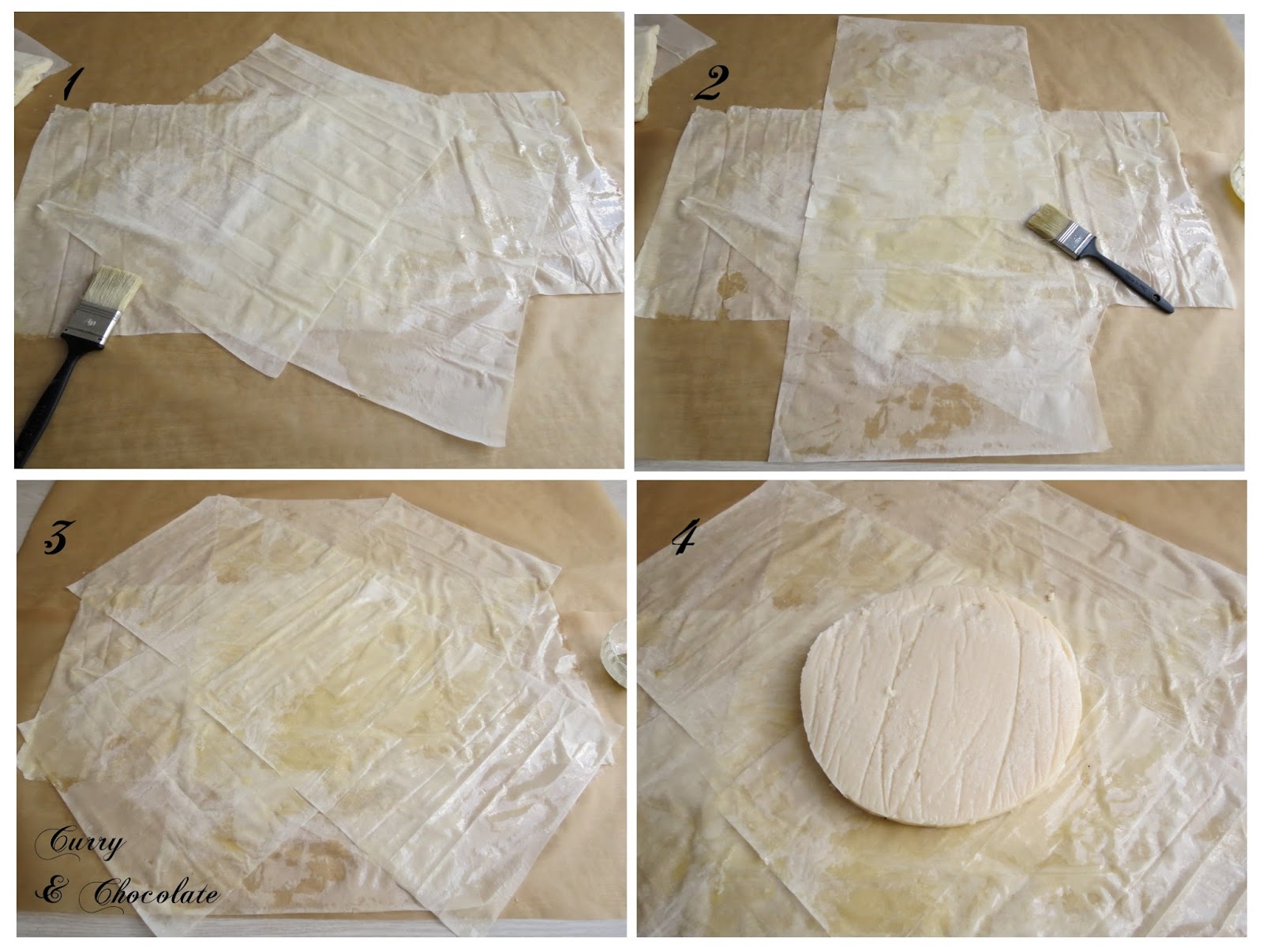Colocación de las hojas de pasta filo Colocación de las hojas de pasta filo