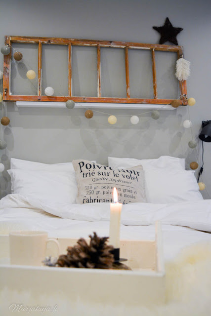 makuuhuoneen syksy sisustus tunnelma petivaatteet valkoiset lakanat skandinaavinen