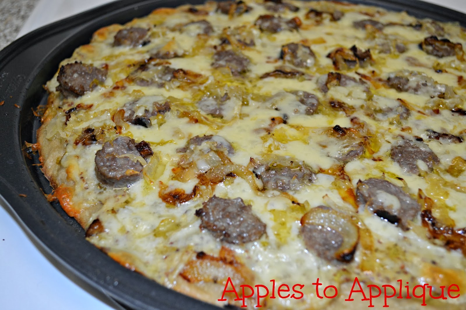 Apples to Applique Bratwurst Pizza with Beer Crust and BeerMustard