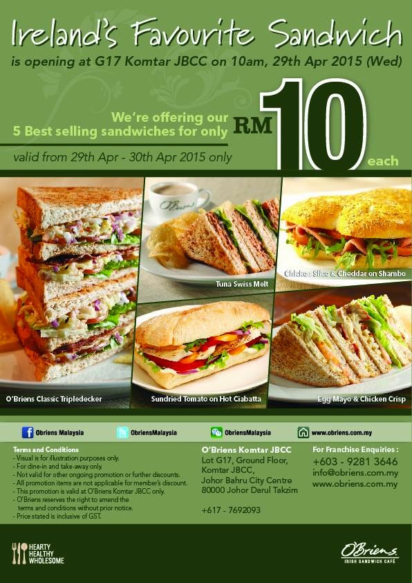 BestLah O'Briens Irish Sandwich Cafe Enjoy 5 Best Selling Sandwiches