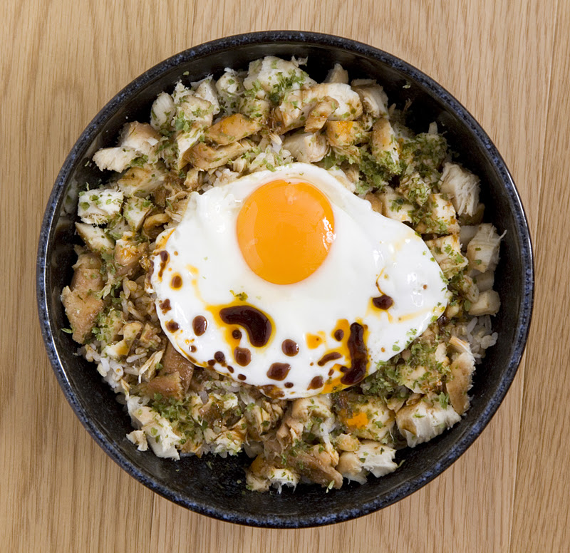 Food Makes Me Happy Shredded Swordfish with Sunny Side Up Egg over