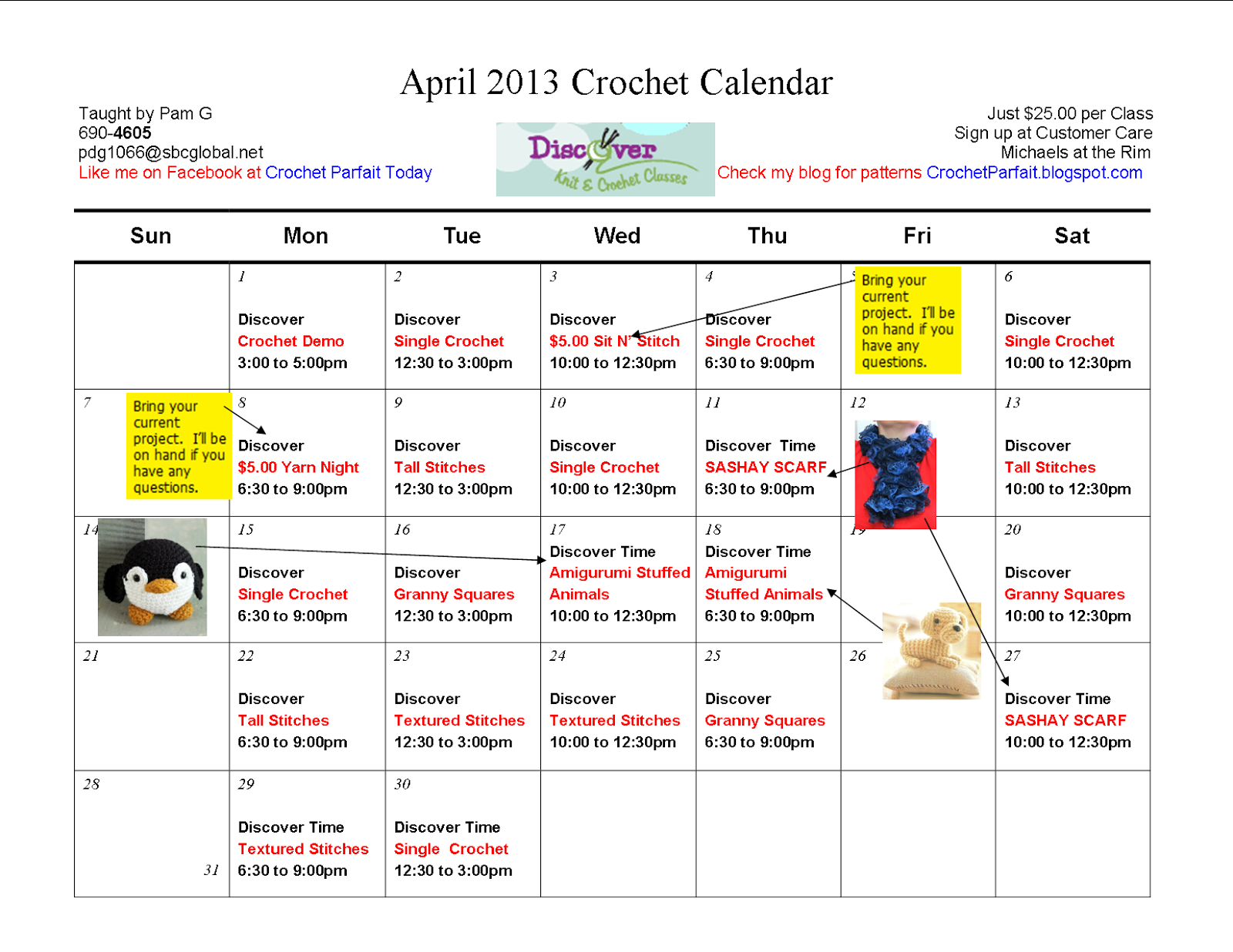 Crochet Parfait: April 2013 Crochet Class Calendar