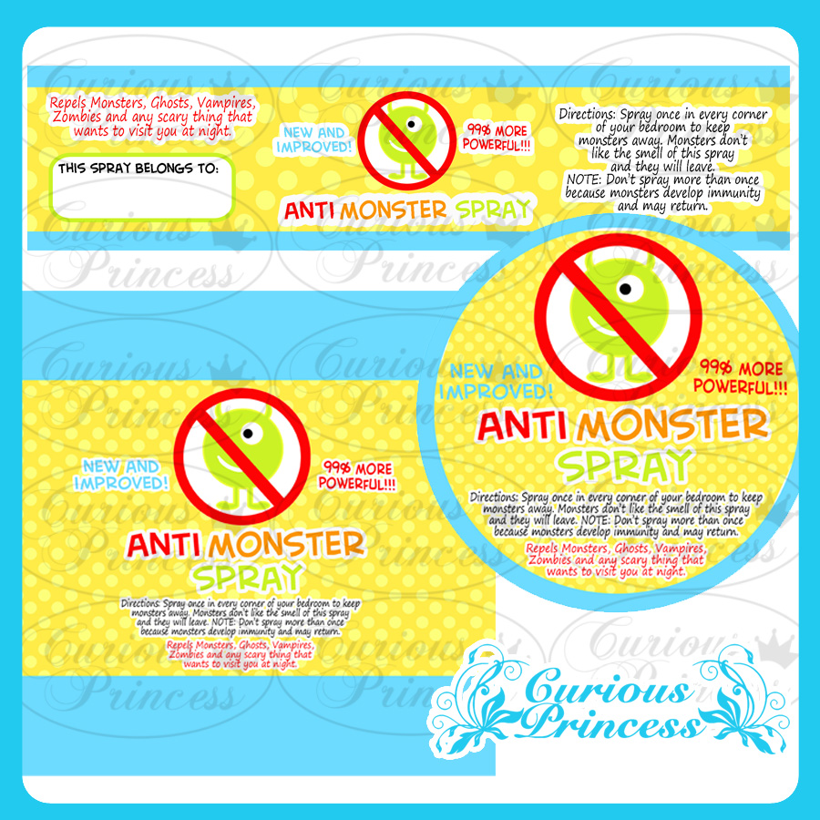 Curious Princess MONSTER SPRAY LABELS ready to print