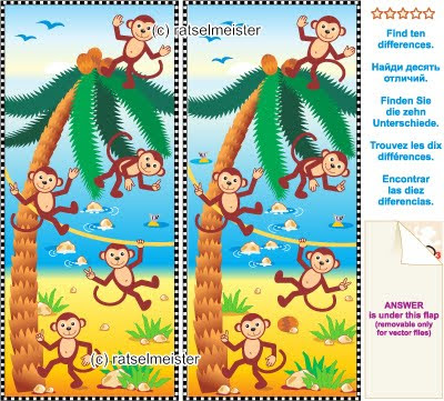 Mental gym visual logic puzzle: Find the ten differences between the two pictures - monkeys, beach, coconut palm