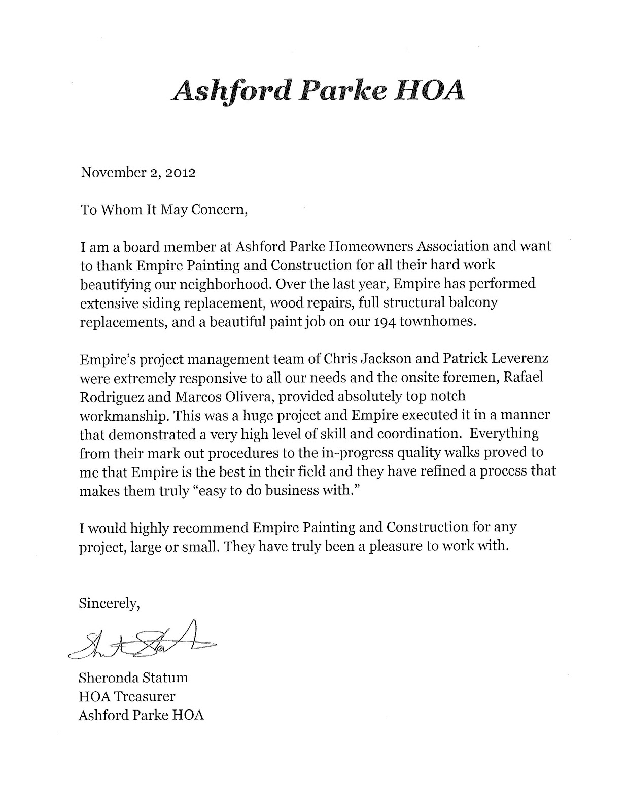 EmpireWorks Reviews and Resources: Ashford Park HOA Reference Letter