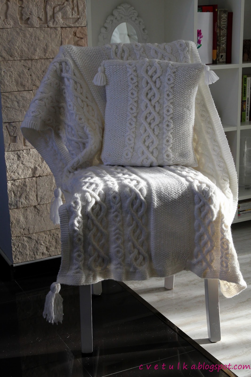 Cabled warm blanket & Pillow c v e t u l k a knits