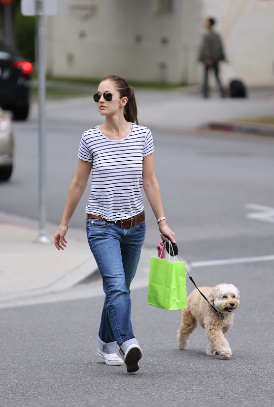 Minka Kelly takes  her dog Chewy for a walk in Beverly Hills