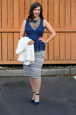 Teacher Fashion: Tribal pencil skirt with Navy Peplum top and Baublebar Statement Necklace
