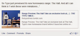 Facebook post pointing to Typo's homeware range launch blog post.
