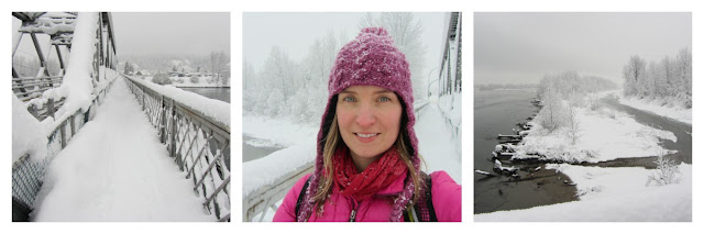 Chalkboard paint to label pantry jars 3 pictures showing snowy conditions over a bridge, woman in pink winter wear and snowy river