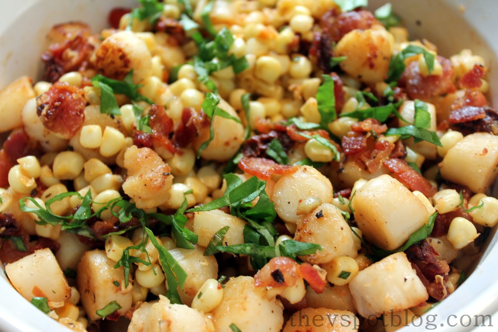 Scallop, corn and bacon appetizer. (Um, salad...?) The V Spot