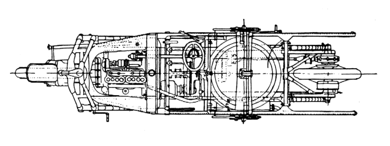 Plan of the Gyrocar. Note the large amount of space taken up by the gyroscope, and the offset driveshaft to the rear wheel. The seats are not visible on this drawing. План Gyrocar. Обратите внимание на большое количество места, занимаемого гироскоп, и смещение приводной на задние колеса. Места не видны на этом рисунке.