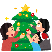 クリスマスツリーを飾り付ける家族のイラスト