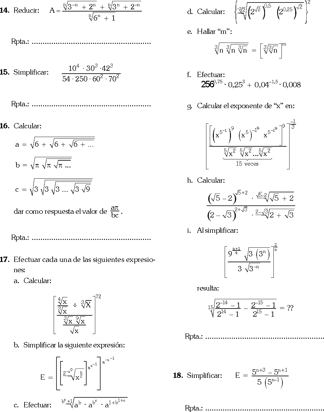 EJERCICIOS DE LEYES DE LOS EXPONENTES ejercicios de leyes de los exponentes: