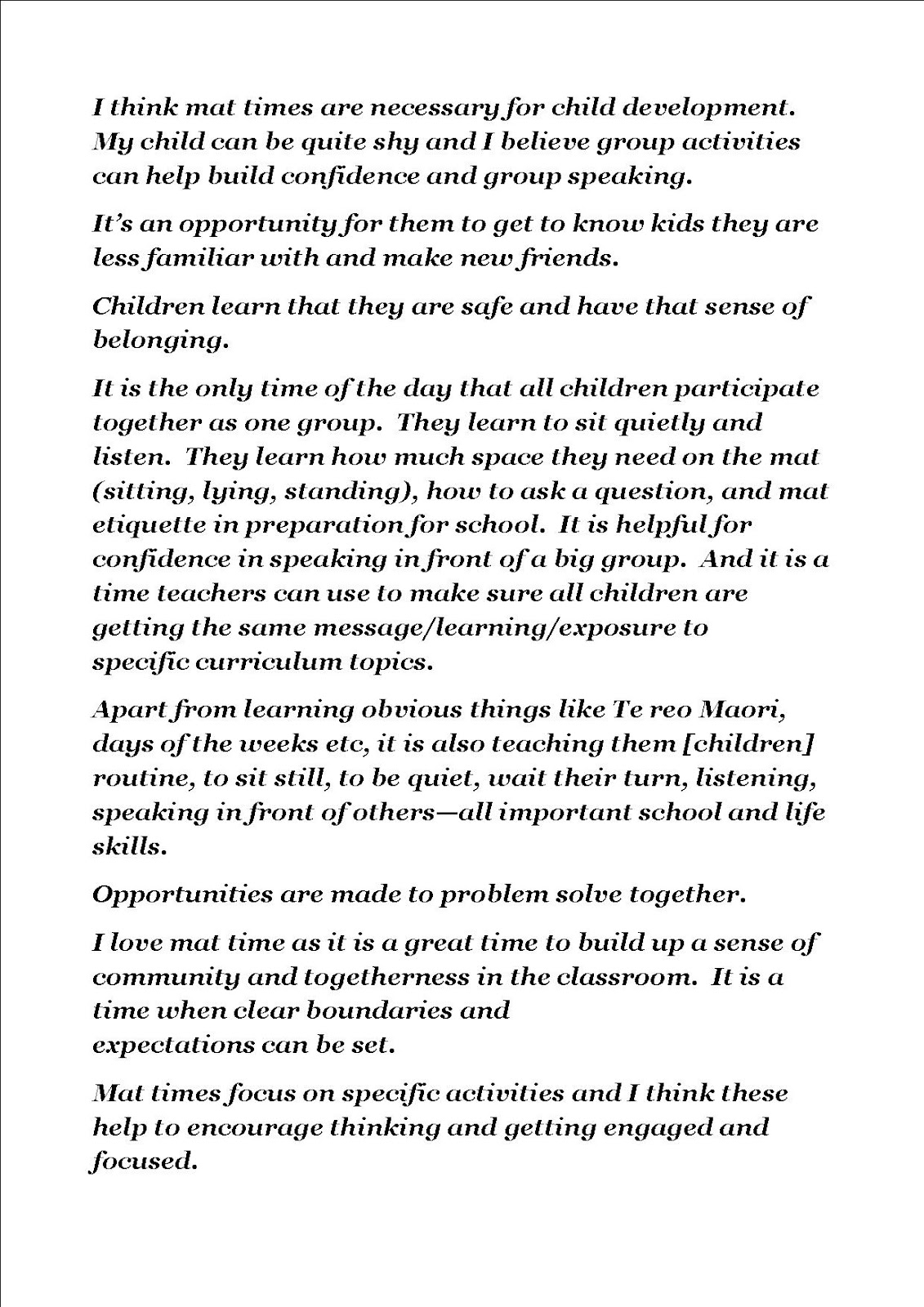 Bream Bay Kindergarten Mat time self review