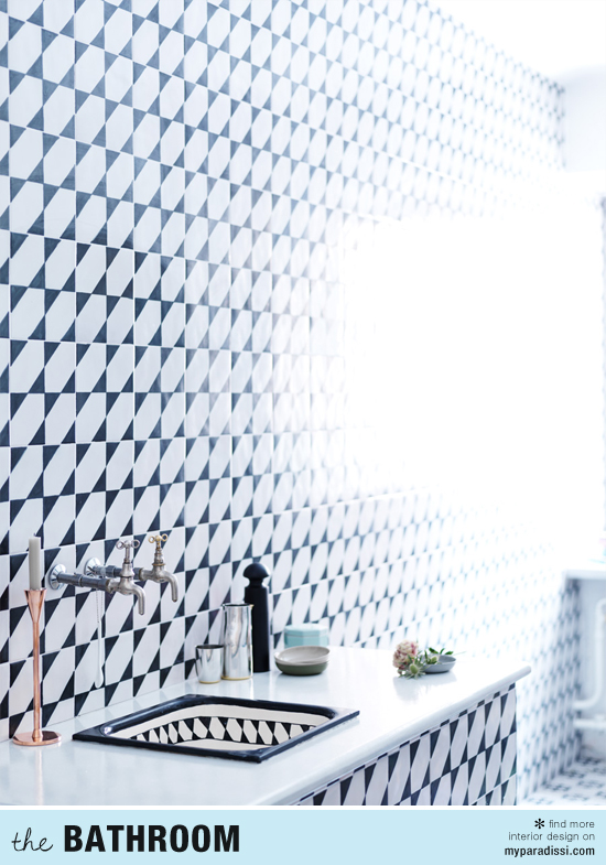Patterned tiles in bathroom styled by Lo Bjurulf