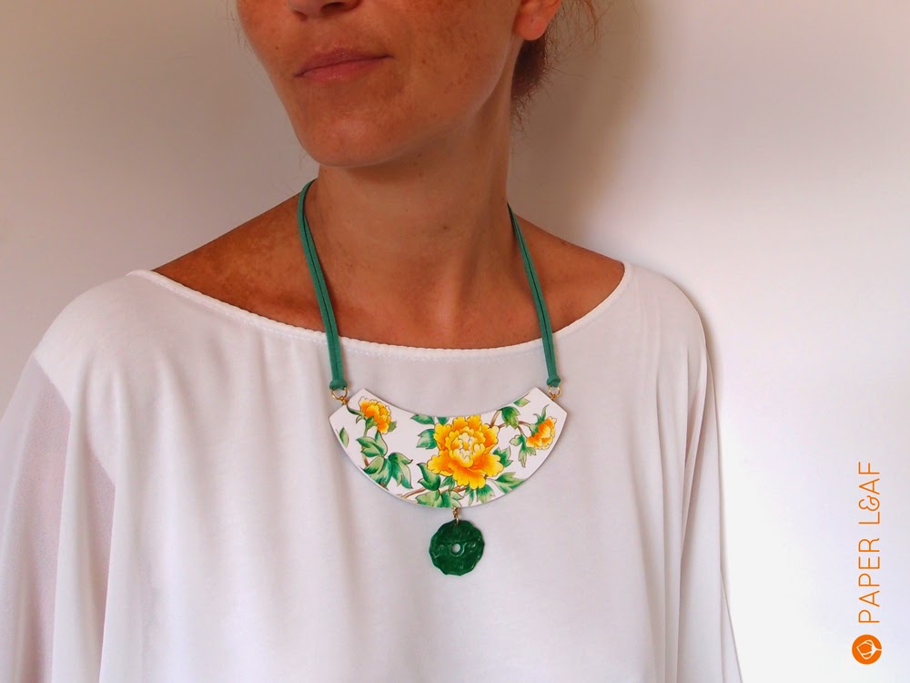 Porcelain YellowPeony | handpainted paper necklace | acrilyc paint on cardstock | Paper Leaf