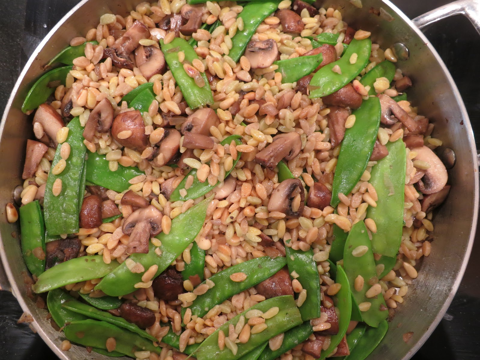 The Veracious Vegan Bon Vivant Orzo with Mushrooms, Snow Peas, and