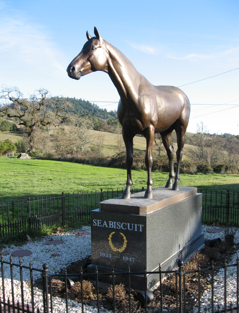 Life-size bronze Seabiscuit statue at historic Howard House- Ridgewood Ranch, Willits, CA