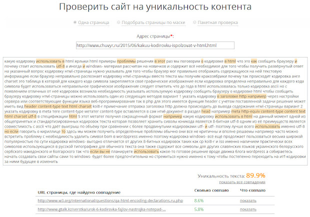 Отчёт Content Watch, для тестовой веб-страницы