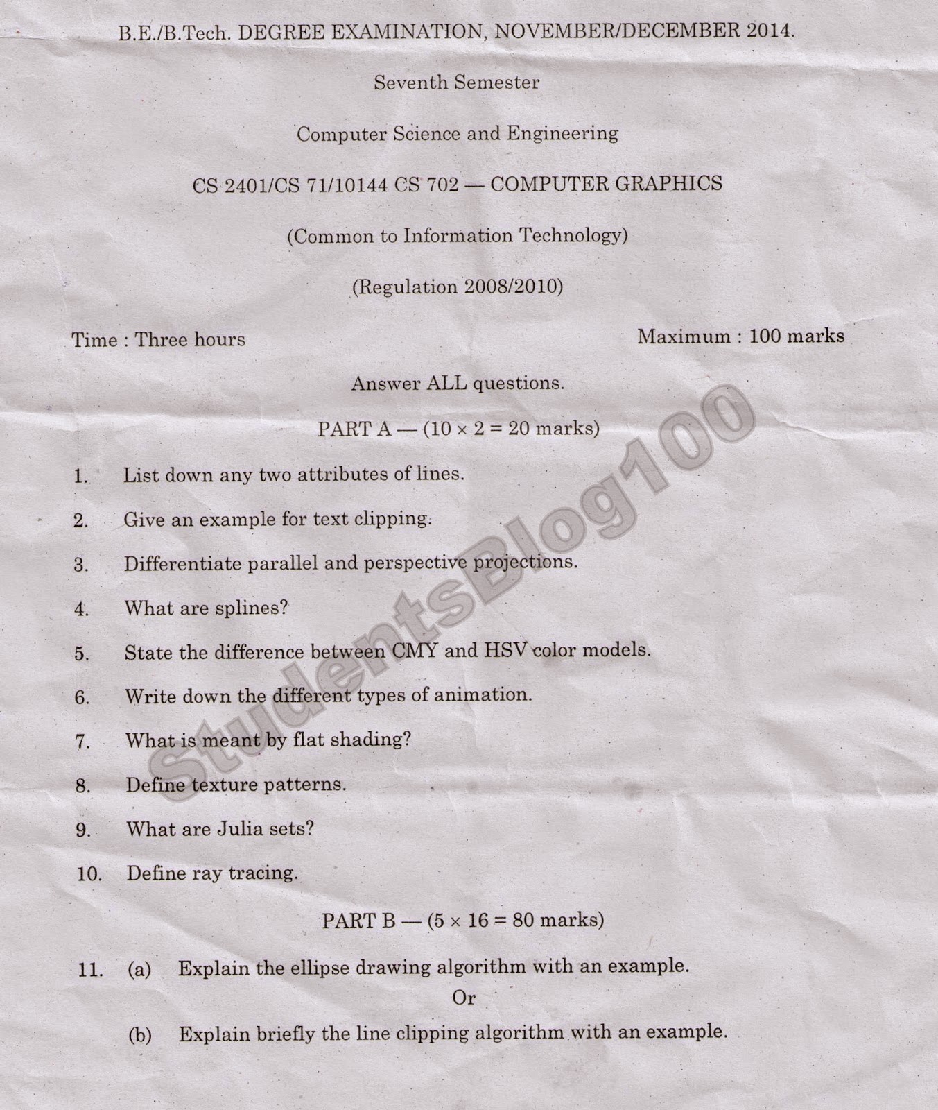 ANNA UNIVERSITY CS2401 COMPUTER GRAPHICS NOV/DEC 2014 QUESTION PAPER