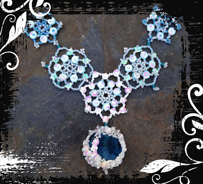 Snow Queen necklace, freeform RAW, beaded snowflakes, sequins