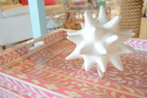 Pink And Bone Inlay Serving Tray Furbish Studio + White Ceramic Sea Urchin  | Southern Arrondissement