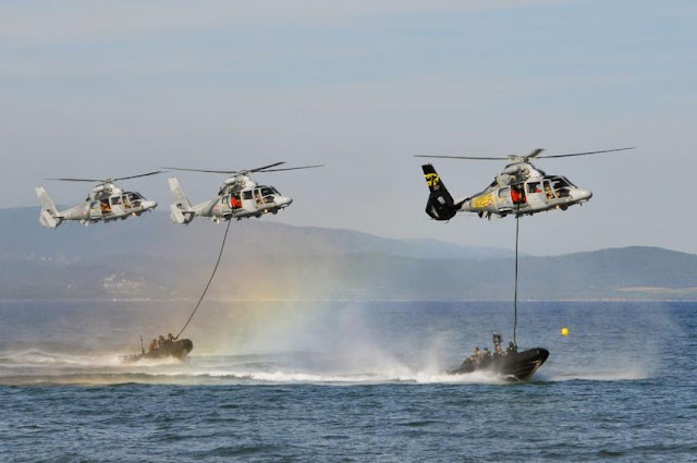 French Navy Commandos Marine fast roping on RHIBs during a demonstration. (Picture: S.Dzioba©Marine Nationale) French Navy Commandos