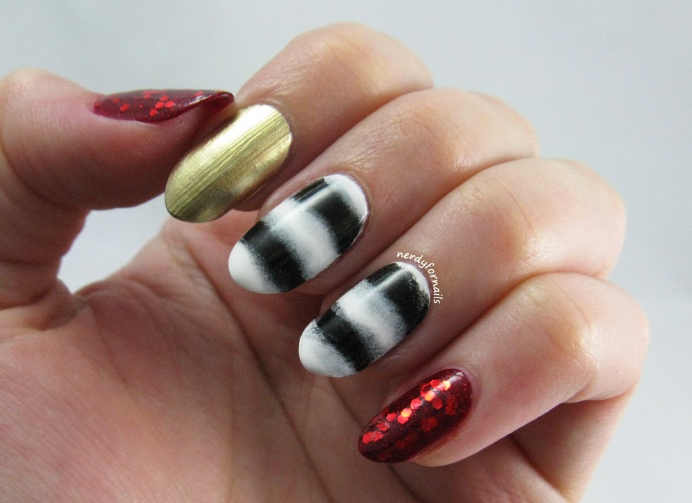 Black and White Stripes with Red Glitter and Gold Accents