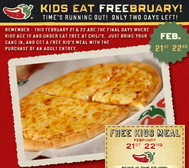 Chilis free kids meal Just for signing up, new My Chili's + Plenti Rewards customer loyalty club members are credited with 60 My Chili's + Plenti Rewards Points which can be redeemed for free food or beverages immediately. Currently, 60 points are enough for a free dessert or a free kids meal. It only takes 30 points to get a free side dish or chips and salsa appetizer.