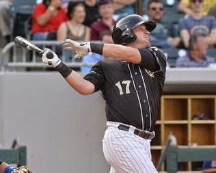 Charlotte first baseman Andy Wilkins takes a swing during the Knights’ game Tuesday night against the Durham Bulls at BB&T BallPark. (Robert Lahser)