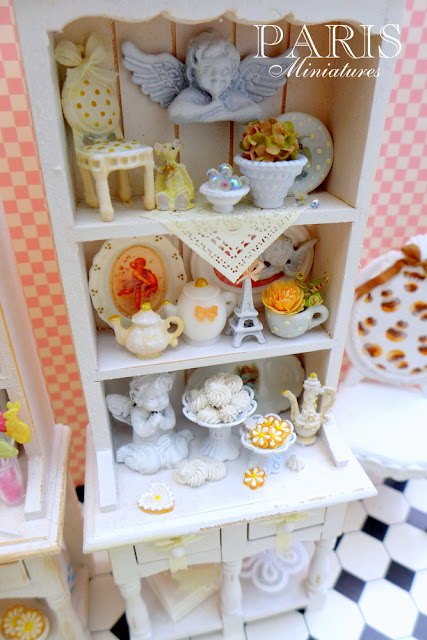 12th scale miniature hutch, shelf unit featuring angels and cherubs in a shabby chic style.  Handmade in 12th scale by Paris Miniatures - Emmaflam and Miniman