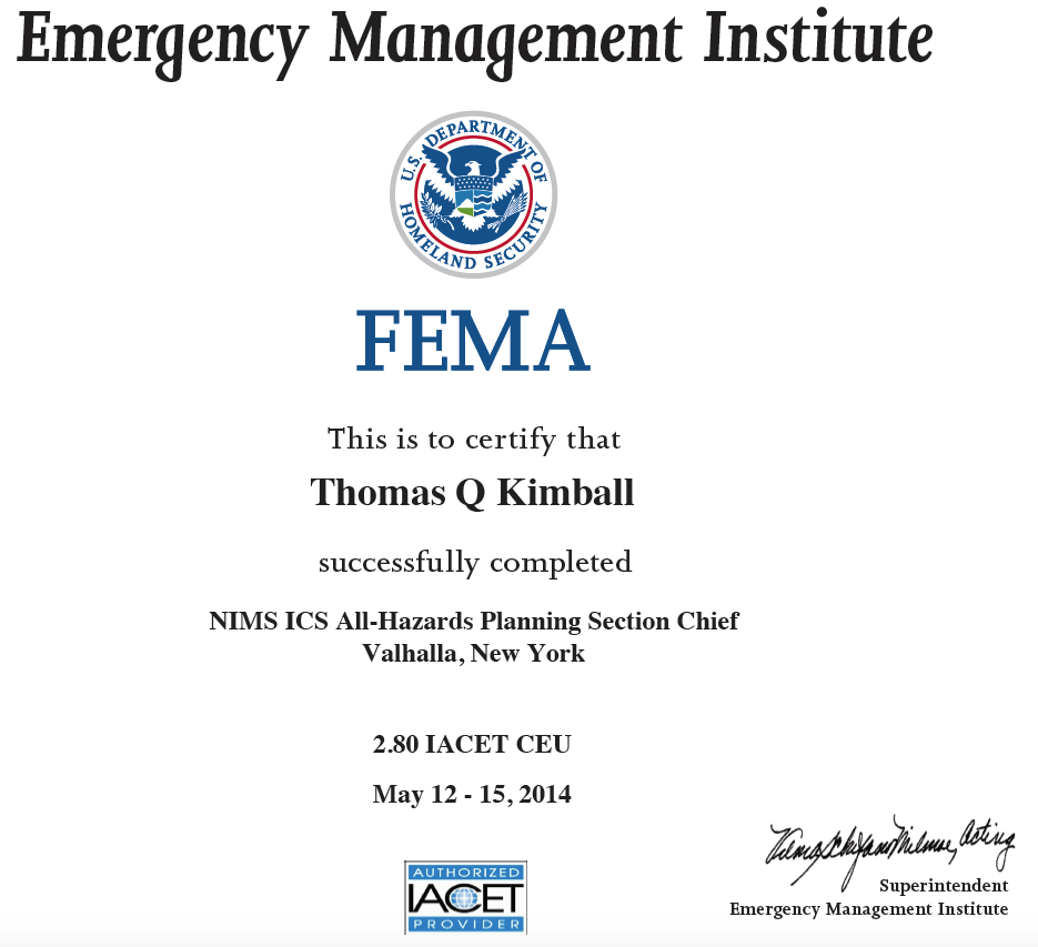 The (L-962) All Hazards ICS Planning Section Chief Course at Valhalla, NY May 2014