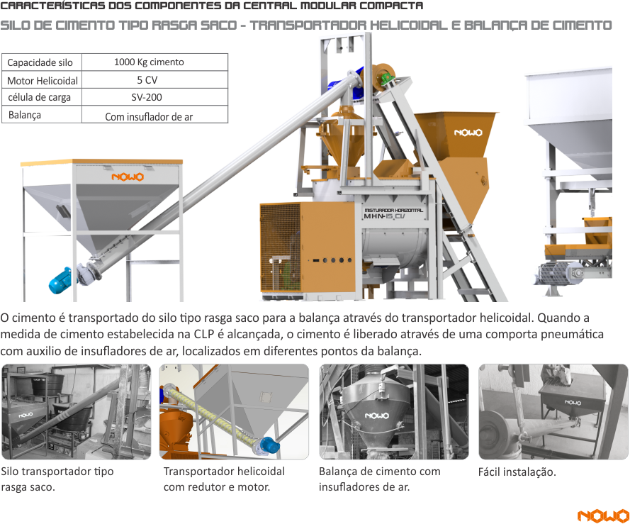 SILO DE CIMENTO TIPO RASGA SACO - TRANSPORTADOR HELICOIDAL - BALANÇA DE CIMENTO NOWO MÁQUINAS Silos de Agregado, Aggregate Silos, Silos de Agregado, Sistema de pesagem de Agregados, Aggregate Weighing, System Sistema de Pesaje de Agregados,Esteira Transportadora, Transfer Conveyor, Cinta Transportadora, Silo de Cimento, Cement Silo Silo de Cemento, Silo de Cimento Rasga Saco, Bag tearing cement silo, Silo de Cemento Rasga-Bolsa, Esteira do Sistema de Pesagem, Weighing System Conveyor, Cinta del sistema de pesaje, Balança de Cimento Cement Scales, Balanza de Cemento, Transportador Helicoidal, Screw Conveyor, Transportador Helicoidal, Sistema de Dosagem de Água, Water Dosing System, Sistema de Dosificación de Agua, Sistema de Dosagem de Aditivo, Additive Dosing System, Sistema de Dosificación de Aditivo, Automação Painel Elétrico Central, Electric Panel Automation Center, Automatización Panel Eléctrico Central, Misturador Planetário, Planetary Mixer , Mezclador Planetario, Central de Concreto para alimentação de Caminhão Betoneira, Batching Plant to feed Concrete Mixer Truck. Central de hormigón para alimentación de Camión Hormigonera, Usina Dosadora ; Dosing ; Usina Dosificadora Dosador de água com pré-determinador que proporciona economia e redução de perdas Bomba d’ água Compressor de ar Painel elétrico de comando para operação da central dosadora Moega rasga saco para cimento, NOWO MÁQUINAS, NOWO