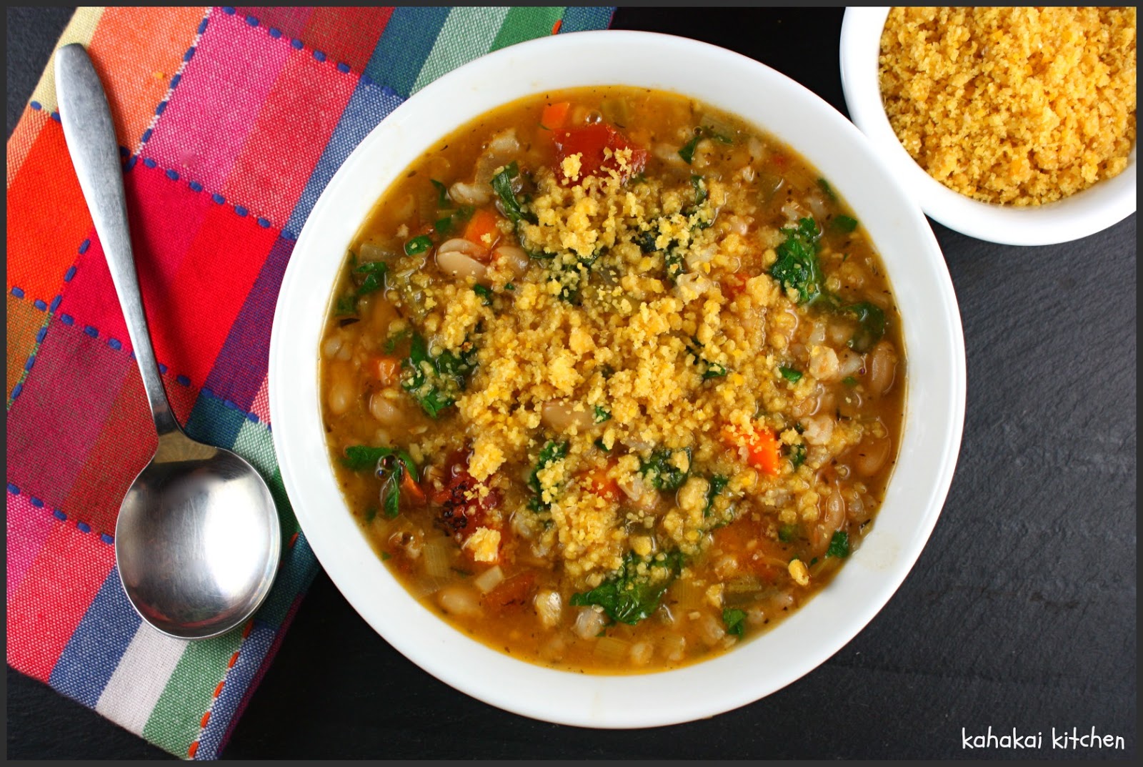 Kahakai Kitchen White Bean Farro Soup with Chickpea Parmigiana (Recipe from from Terry Hope