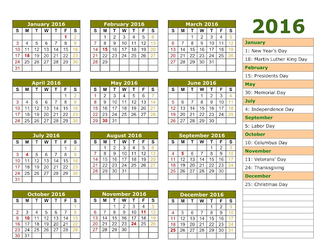Printable 2016 Calendar with US Holidays PDF Excel, 2016 Monthly calendar with US holidays PDF Excel, 2016 cute calendar download free excel pdf, 2016 calendar with holidays printable Listed