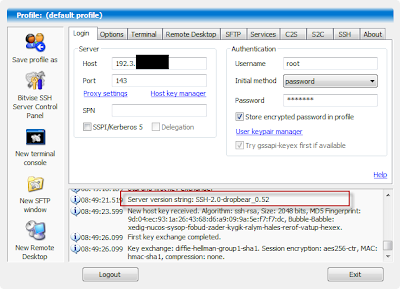 Penampakan dropbear pada bitvise conection status Penampakan dropbear pada bitvise conection status