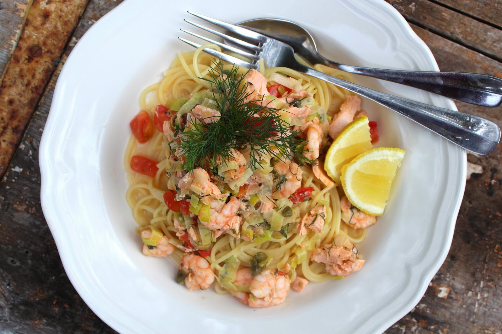 Salmon and Prawn Pasta with Leeks Tomato and Dill Desire Empire