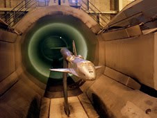 A wind tunnel model of the Space Shuttle orbiter
