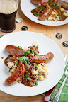 Bangers and Colcannon with Guinness Onion Gravy