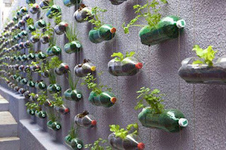 pared decorada con maceteros de botellas Fotos de reciclaje