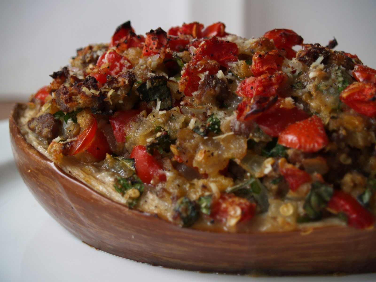 Persimmon and Peach Sausage Stuffed Eggplant