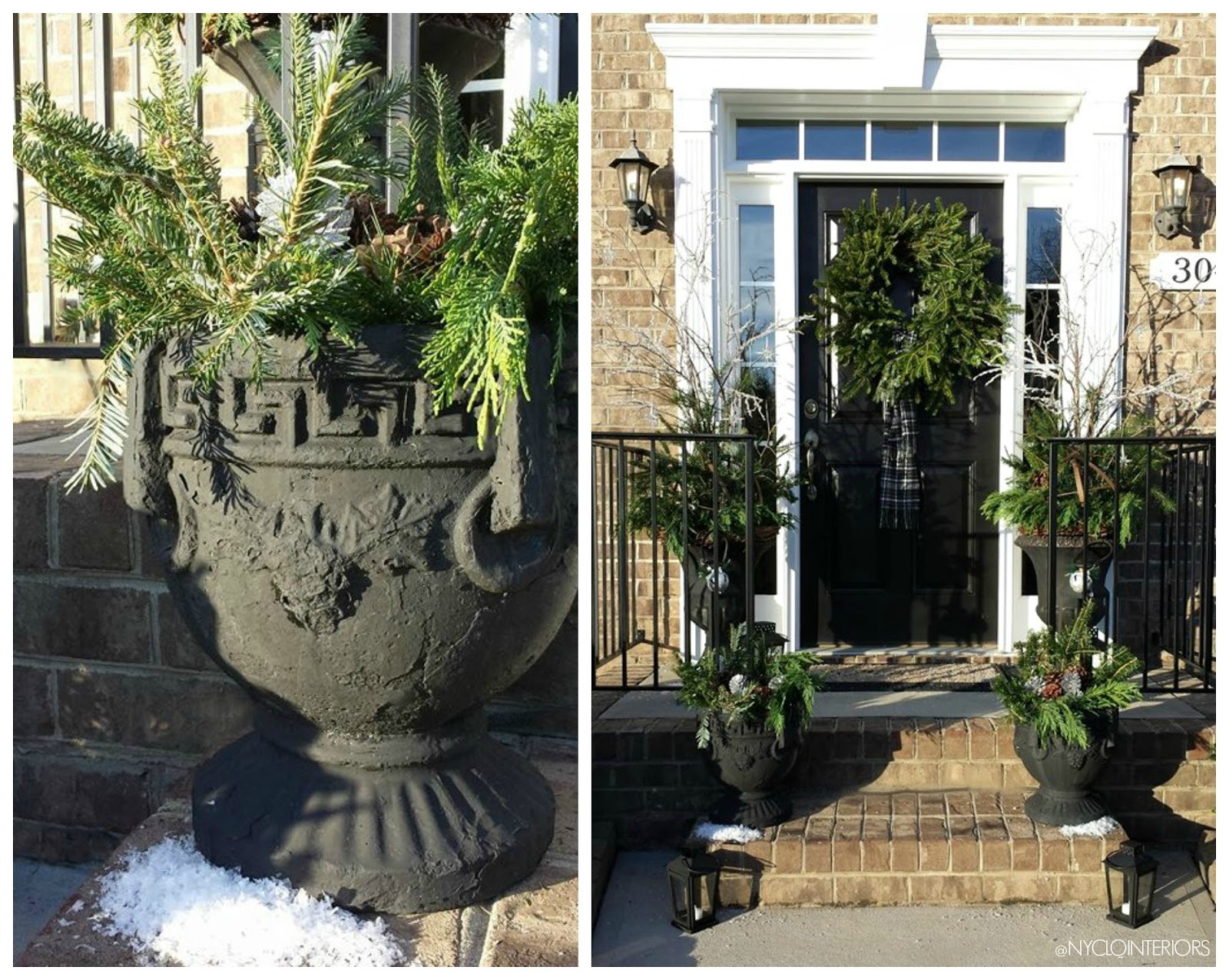 FOCAL POINT STYLING: OUTDOOR HOLIDAY ENTRY WITH URNS FOCAL POINT STYLING: OUTDOOR HOLIDAY ENTRY WITH URNS