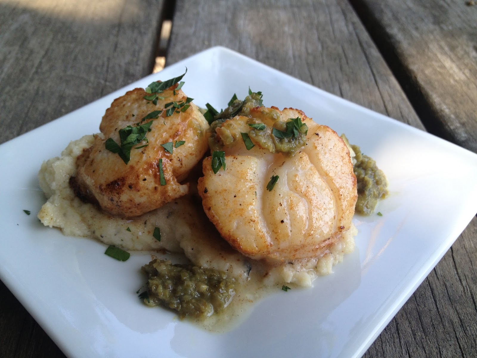 Tate's Kitchen pan seared scallops with raisin caper sauce and cauliflower puree