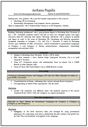 resume for mba fresher