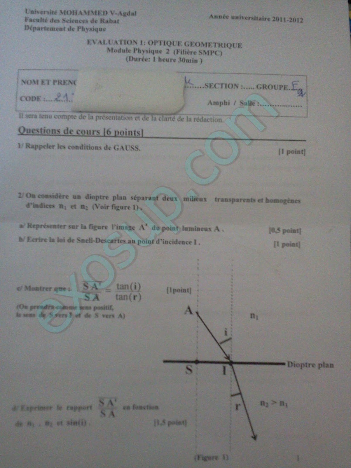 Examen optique géométrique s2