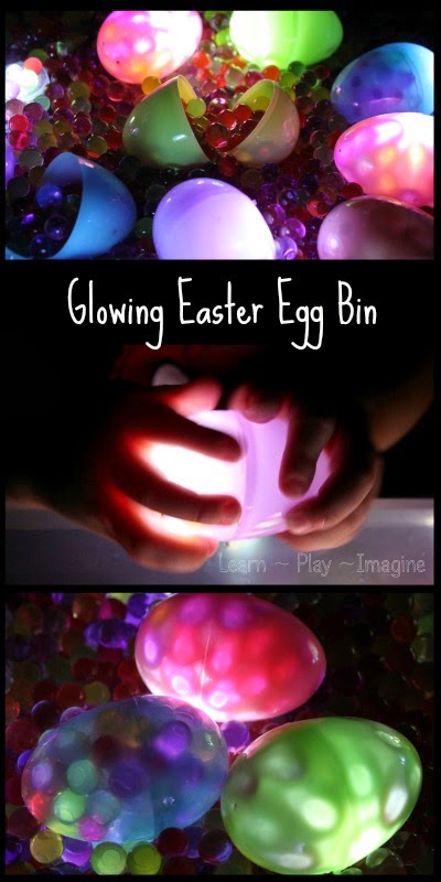 Glowing Easter egg sensory bin with water beads - what a cool combo!