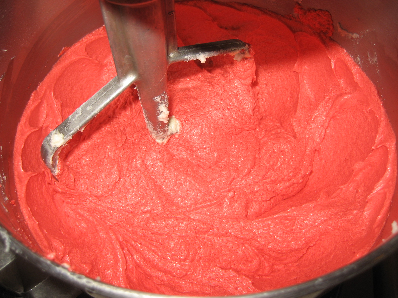 Dinner in the Life of a Dad—Red Velvet Cookies: The batter should be bright red before you add the dry ingredients for the reddest cookies.